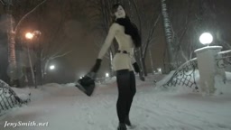 Jeny Smith Naked in Snow Fall Walking through the City