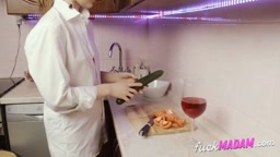 He gets excited in the kitchen and ends up fucking himself with a cucumber.