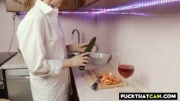 He gets excited in the kitchen and ends up fucking himself with a cucumber.