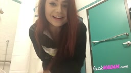 Big-Ass Schoolgirl's Strip Tease and Pussy Play in a Public Bathroom