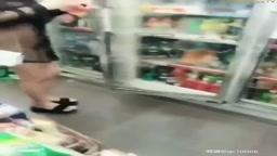 chinese girl flash in store with transparent outfit