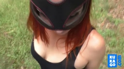 BDSM Blowjob in the Woods by Kinky Redhead in Leather Mask