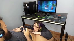 Cyber Nyxie blowjob while boyfriend play games