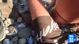 Huge Cumshot! Busty Teen Jerks Off Best Friend on a Public Beach