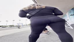 Cumming White Girl's Gym Ass Outside in Line