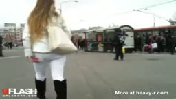 Big Cumshot on Blonde Subway Girl and She Touches Cum