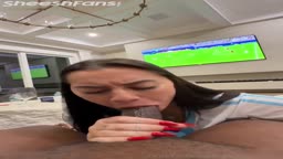 Jade Teen sucking bbc on while her bf watching ball game