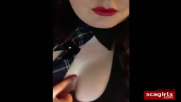 Cute chester bird girl teases red lipstick