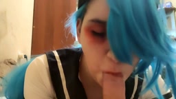 Blue haired slut sucks and gets cum in mouth